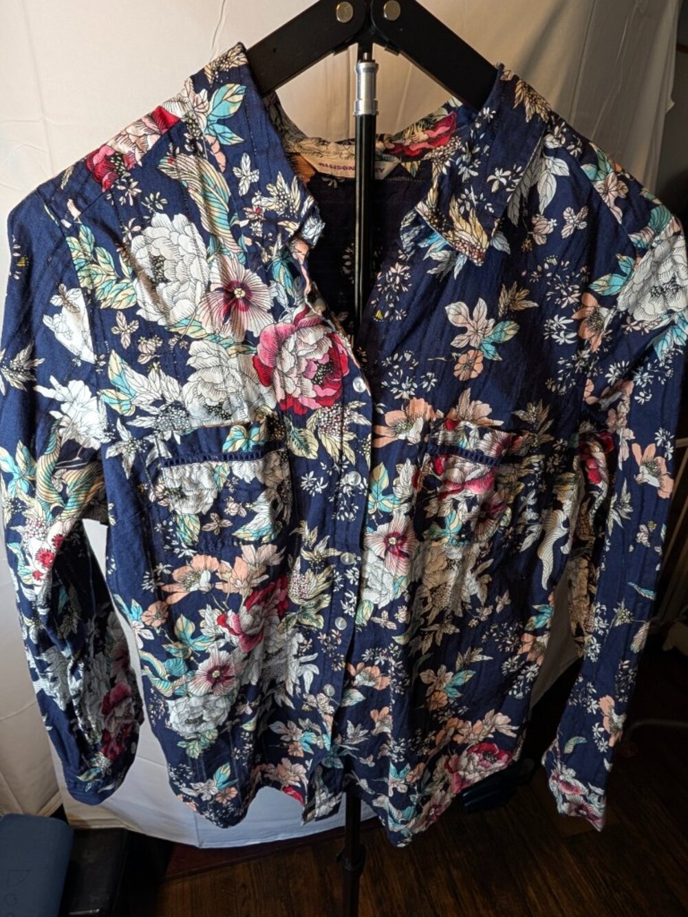 Allison Daley Sz Large Women's Navy Blue Floral & Lace Blouse